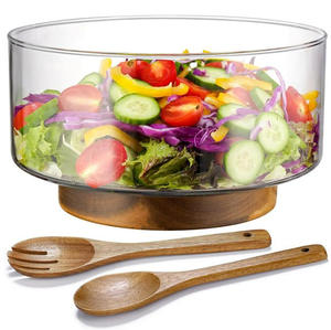 Bol à salade en verre avec base en bois, passe au lave-vaisselle, idéal pour les fêtes, design minimaliste - Product Image 1