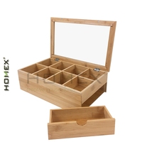 Boîte à thé en bambou 100% avec 8 compartiments de rangement, organiseur de sachets de thé et couvercle à charnière transparent incassable