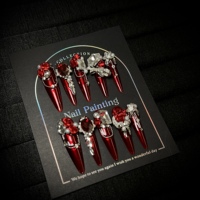 Faux Ongles Personnalisables Faits Main à Coller, Luxe 3D Rose Rouge Nœud Papillon et Pierres Précieuses, Faux Ongles Stiletto à Coller
