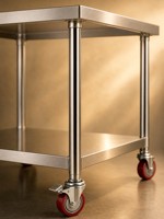 Plan de travail de cuisine professionnelle à deux niveaux en acier inoxydable 304, anti-graffiti, avec 4 roulettes, capacité de charge de 300 kg par mètre, pour restaurant