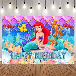 <span class=keywords><strong>La</strong></span> <span class=keywords><strong>Sirenita</strong></span> Ariel Princesa Telón de Fondo Fiesta de Niña Decoraciones de Feliz Cumpleaños Fondo de Concha de Sirena Cubierta de Fondo - Product Image 3