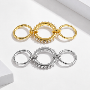 Pearl Triple-<b>Finger</b> <b>Ring</b> Stainless Steel Imitation Pearl 14K Gold Vacuum Plated Gold and Silver Color Jewelry - Product Image 1