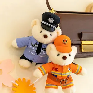 Custom Schattige Mini Teddybeer Speelgoed Met Verkeerspolitie Uniform Hoge Kwaliteit Zacht Pluche Knuffel Dier Teddybeer Sleutelhanger Groothandel