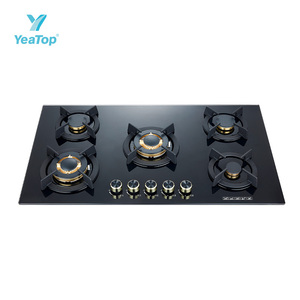 Cuisinière à gaz encastrable 5 brûleurs à double anneau, flamme bleue, en verre trempé 8 mm et cuivre massif, pour cuisine - Product Image 1