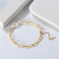 Bracelet double pour femme en argent 925 plaqué or fait main, chaînes en forme de trombone, perles de culture d'eau douce blanches de qualité AAAA