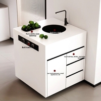 Mueble de Cocina Moderno de Madera Maciza con Encimera de Piedra Sinterizada, Mesa de Comedor Independiente Integrada con Fregadero y Fuente de Alimentación