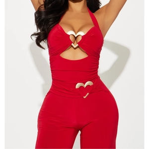 Combinaison moulante sexy pour femme, couleur unie, avec bretelles métalliques ajourées et dos nu, tendance - Product Image 1