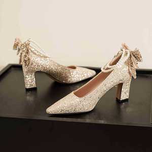 Pointed Toe Ankle Strap Pumps <b>With</b> <b>Bow</b> Decoration High Heel Bridal <b>Shoes</b> For Wedding Comfortable Block Heel 7188F-177 - Product Image 2
