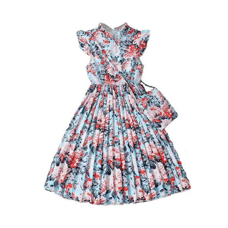 Çanta ile 2024 yeni genç yaz çiçek prenses elbise çocuk kız fly kol elbise