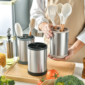 Stainless Steel Kitchen Utensil Storage Cylinder 17cm Rotatable Multi Functional <b>Dish</b> Holder <b>Standing</b> Type - Product Image 1