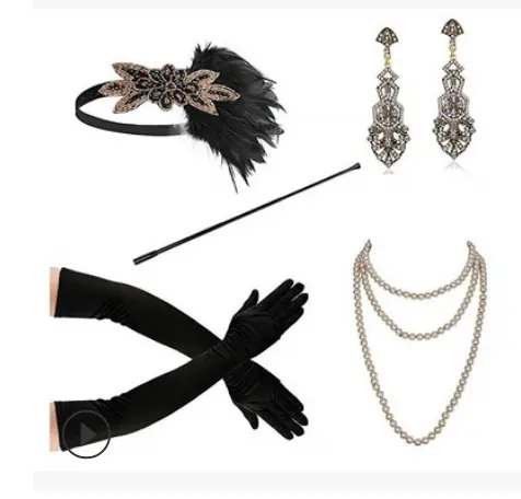 1920s Women Vintage Gatsby Feather Headband Flapper Costume Accessories Set Cigarette Holder Pearl Necklace Earring Gloves 5 Pcs