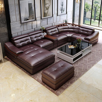 Sofa Seksional Kulit Asli Mewah Modern Eropa dengan Sandaran Kepala yang Dapat Disesuaikan dan Pengisi Daya