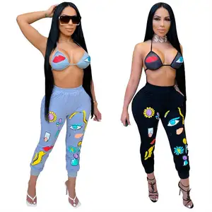 New Autumn Ladies Embroidery Print Two Set Bra Top And Pants Sexy Women 2 Piece Outfit