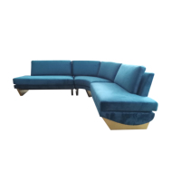 Ensemble de canapés sectionnels en velours bleu en forme de L, mobilier de villa d'hôtel de luxe contemporain, avec base en acier inoxydable doré
