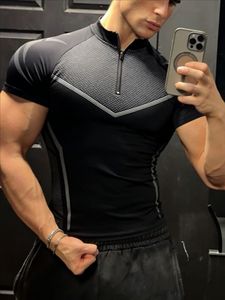Men's Half Zip <b>Mock</b> <b>Neck</b> Compression T-Shirt Short Sleeve Quick Dry Gym Workout <b>Top</b> Breathable Fitness Bodybuilding Tee - Product Image 3