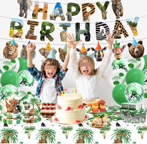 Ensemble de vaisselle et décorations pour fête d'<span class=keywords><strong>anniversaire</strong></span> sur le thème de la jungle et de la faune : assiettes, gobelets, serviettes, nappes, bannières, guirlandes, ballons en latex - Product Image 4