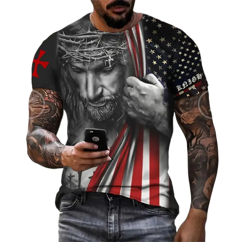 Camiseta con estampado 3d de la bandera americana de Jesús para hombre, camisa de manga transpirable con cuello redondo, informal de calle, estampada a petición