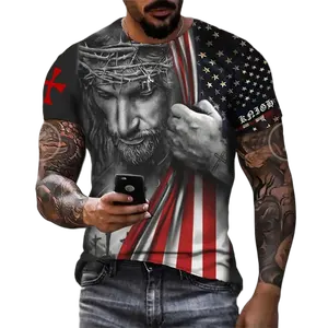 Heren T-Shirt Amerikaanse Vlag Jesus 3d Print Shirt Met Mouwen En Ademende Ronde Hals Straat Casual Shirt Met Print Op Aanvraag T-Shirt