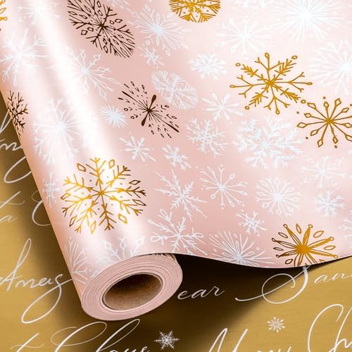 Copos de Nieve Rosados, Oro, Feliz Navidad