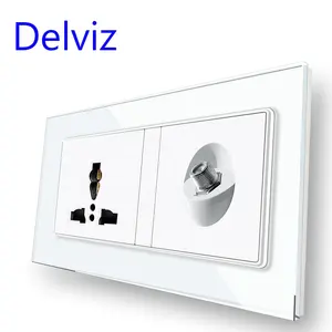 Delviz White Crystal glass Panel, Satellite interface, plug jacks Electric power Outlet, 16A International Universal Wall Socket