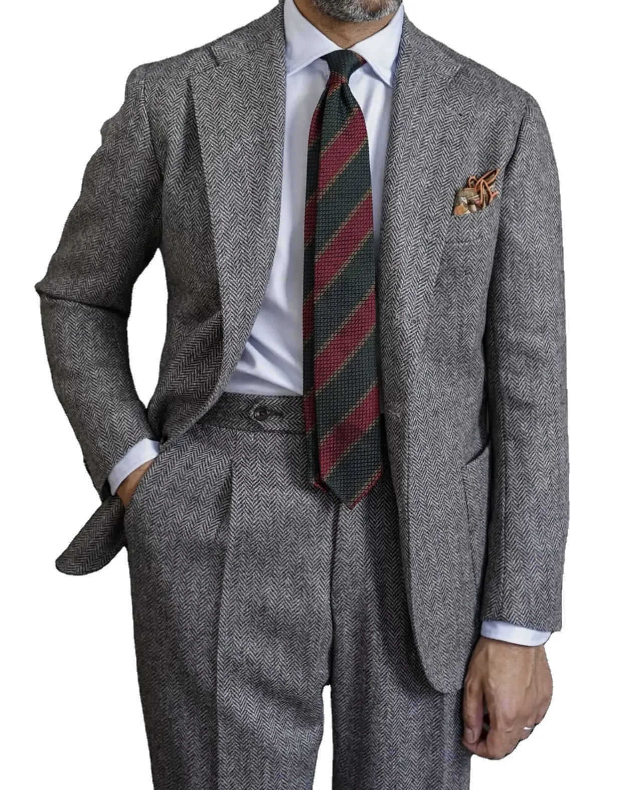 Winter Warm Men's Suits Gray Herringbone Tweed 2 Piece Slim Fit Notched Collar Blazer Sets Hunters Clothing Male Casual Sets