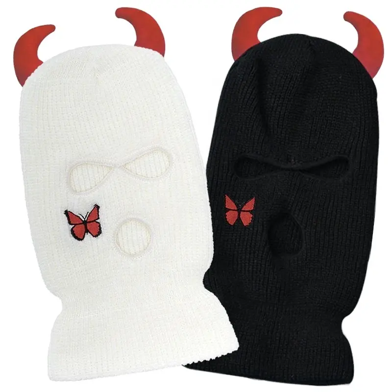 Balaclava with Horn Men Acrylic Knitted 3 Hole Ski Mask with Horn Embroidery Custom Winter Balaclava with Horn