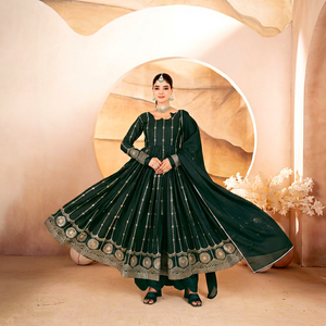 Ensemble Anarkali en soie vert émeraude avec dupatta, longueur ras du sol, tenue traditionnelle indienne et pakistanaise pour mariage, coupe ample pour femme - Product Image 1