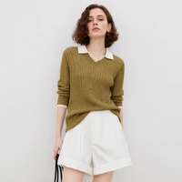 Pull tricoté pour femme en mélange de laine, lyocell et lin, col polo contrastant, tricot torsadé, vente en gros, personnalisable
