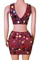Petit rouge serré Sexy maille fendue taille plein diamant enveloppé hanche jupe courte chanteur danse équipe Performance Costume