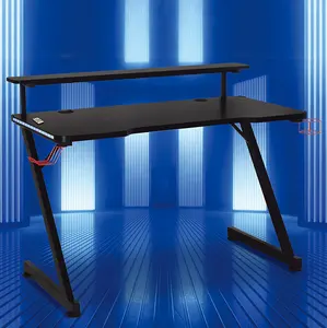 Mesa de estudio moderna para ordenador, escritorio de madera negro para juegos de pc, mesa de metal, extensible con LED RGB, estilo de juego