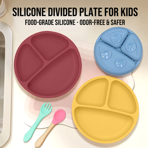 Ensemble d'alimentation pour bébé en silicone, assiette ronde divisée avec cuillère et fourchette, vaisselle pour enfants, bleu - Product Image 1