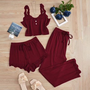 Conjunto de Pijama de Verano para Mujer, 3 Piezas, Camiseta sin Mangas, Pantalones Cortos y Largos, con Encaje, Sexy, Ropa de Dormir, para el Hogar, Año Nuevo Chino, Halloween - Product Image 1