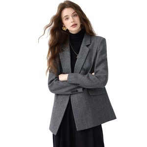 Women's Wool Blazer Grey Solid Color Slim Fit Professional Workwear Anti-Wrinkle - Product Image 5