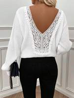 Pull en tricot à manches longues et col rond simple en dentelle pour femmes, décontracté au quotidien, printemps et automne