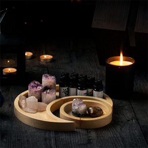 Organizador de almacenamiento de cristales de madera Soporte de cristal de madera maciza Bandeja de luna con exhibición de plato redondo - Product Image 6