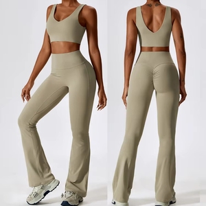 Conjunto de dos piezas acanalado para mujer, ropa de descanso y entrenamiento, a prueba de golpes, ajustado, para ocio y ejercicio. - Product Image 2
