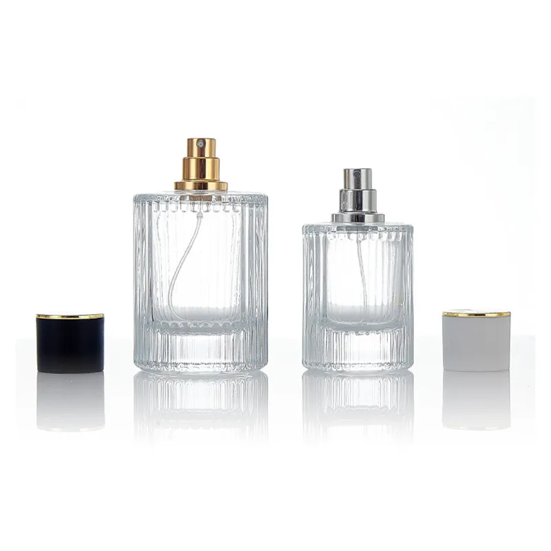 Meilleur flacon de parfum vide à rayures droites transparent personnalisé vente en gros avec bouchon à bord argenté noir