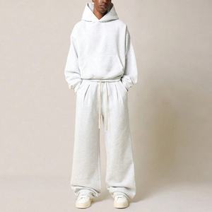 Conjunto de 2 Piezas OEM Extra Largo de Algodón Gris de Color Sólido: Sudadera Corta Casual Oversize y Pantalones Deportivos Anchos con Pliegues - Product Image 1