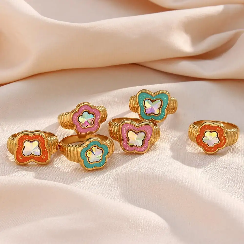 2022 Fashion Cute Gold Plated Stainless Steel Enamel Butterfly Flower Ring Oil Dripping Zircon Bling Ring