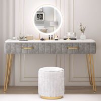Bureau de toilette en pin gain de place avec miroir LED réglable, pieds en fer, plateau en bois et rangement pour petit appartement ou chambre