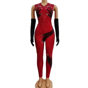 Baju monyet klub Natal, Jumpsuit berlian imitasi, kostum panggung Halloween, Bodysuit payet, pakaian dansa, baju monyet Bodycon