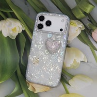 Étui de téléphone luxueux pour filles, coque 3D avec strass, cœur, rose, perle, holographique pour iPhone X à 18, Samsung, Redmi, OPPO, VIVO