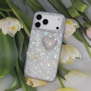 Custodia per telefono di lusso da ragazza, <span class=keywords><strong>con</strong></span> strass 3D, cuore, rosa, perla e guscio olografico per iPhone X fino a 18, Samsung, Redmi, <span class=keywords><strong>OPPO</strong></span>, VIVO - Product Image 1