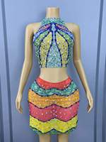 AD2683 Ensemble d'été pour femme, débardeur sans col en spandex, jupe courte, strass, fête d'anniversaire, costume de scène en maille, danse, lumière colorée