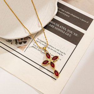Stainless Steel <b>Necklace</b> With <b>Ruby</b> Cross Pendant 18K Gold Plated Adjustable For Gift - Product Image 1