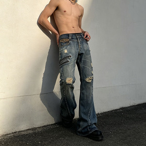 <span class=keywords><strong>Jean</strong></span> évasé <span class=keywords><strong>homme</strong></span> personnalisé avec fermeture éclair, délavé vintage, effet usé, style Y2K streetwear, petite série, écologique, pour l'été - Product Image 2
