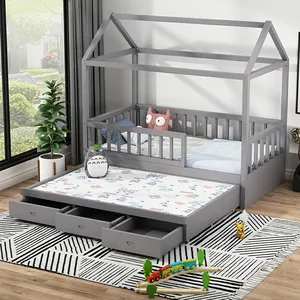 Chambre de fille en bois de pin, lit blanc pour enfants avec barrière
