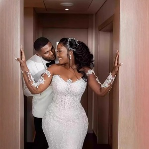 Off Shoulder Long Sleeve Mermaid Wedding Dress Sweetheart Neckline <b>White</b> <b>Lace</b> Bridal Gown Natural Waist Slim Fit - Product Image 2