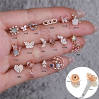 Vente en gros de boucles d'oreilles tendance de haute qualité, motifs fleurs, papillons, cœurs, ours, zircon, plaqué or 18 carats, en laiton, bijoux de piercing