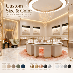 Vitrines à bijoux rondes en or sur mesure Ondole avec éclairage LED et plateau en marbre pour l'aménagement de magasins de luxe - Product Image 2